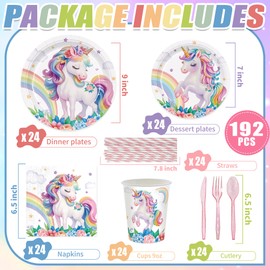 192pcs Unicorn Plates Napkins Unicorn Birthday Party Supplies Disposable Paper Cups Straw Tableware Set Pink Knives Forks Spoons Girls Birthday Party Decorations 24 Guests