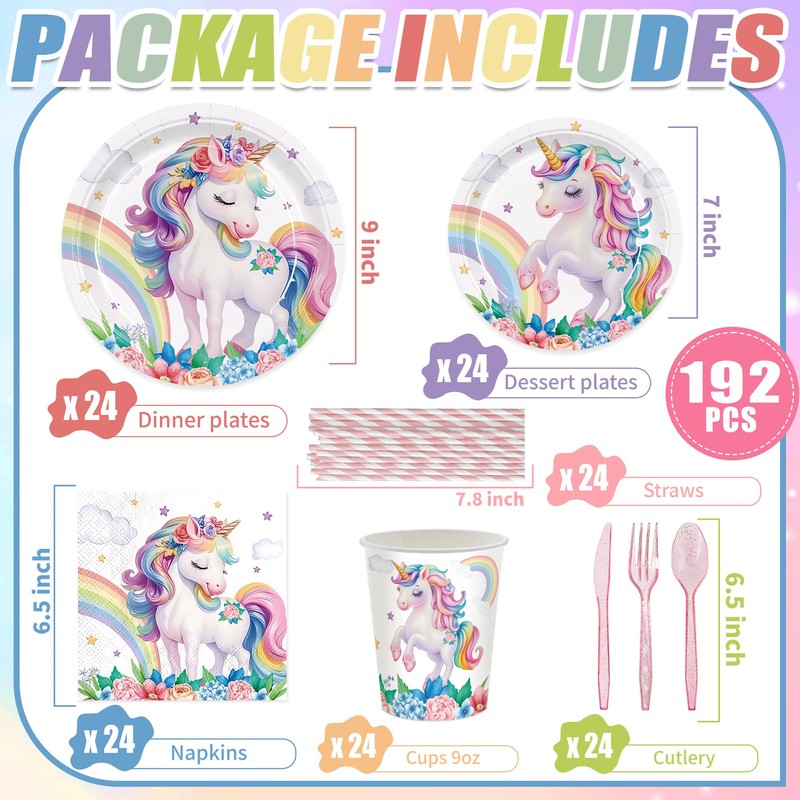192pcs Unicorn Plates Napkins Unicorn Birthday Party Supplies Disposable Paper