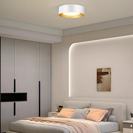 Vikaey Modern Flush Mount Ceiling Light, 2-Light Minimalist Round Close to Ceiling Light Fixture, White and Gold Drum Ceiling Lamp with Glass Lampshade for Bedroom, Hallway, Kitchen, 12.5in