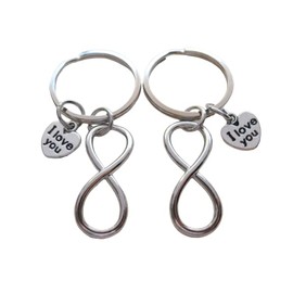 JewelryEveryday Double Infinity Charm Keychains with I Love You Heart Charms; Couple Keychains, Best Friends Keychains