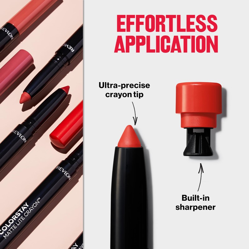 REVLON ColorStay Matte Lite Crayon Lipstick with Built-in Sharpener, Smudge-proof,