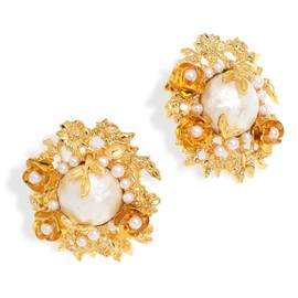 Frigotine Chunky Gold Flower Leaf Pearl Stud Earrings for Women, Large Vintage Trendy Statement Floral Earing Prom Fashion Jewelry Gift