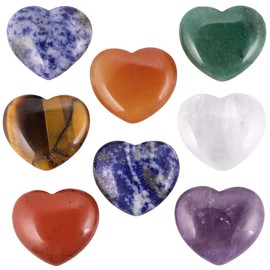KYEYGWO Reiki Healing Crystal Heart Gemstone Set, 8 Pieces Polished Pocket Palm Heart Shaped Worry Stone Love Decoration for Lucky Charm and Wedding