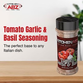 KITCHENABZ Tomato Garlic & Basil Seasoning, Gluten-Free, Low Sodium Seasoning Mix, Spicy Seasoning Blend, Natural and Healthy Spice Blend for Meal Prep (6.0 OZ)