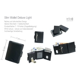Slim Wallet Deluxe, Black cowhide leather with zip pocket, S, rfid wallet