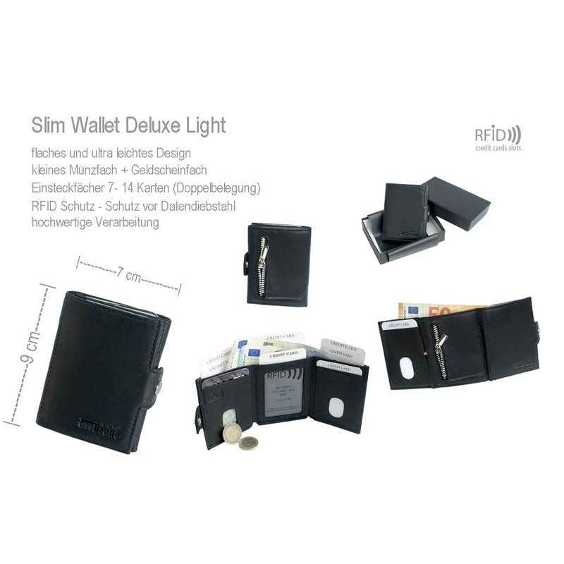 Slim Wallet Deluxe, Black cowhide leather with zip pocket, S,
