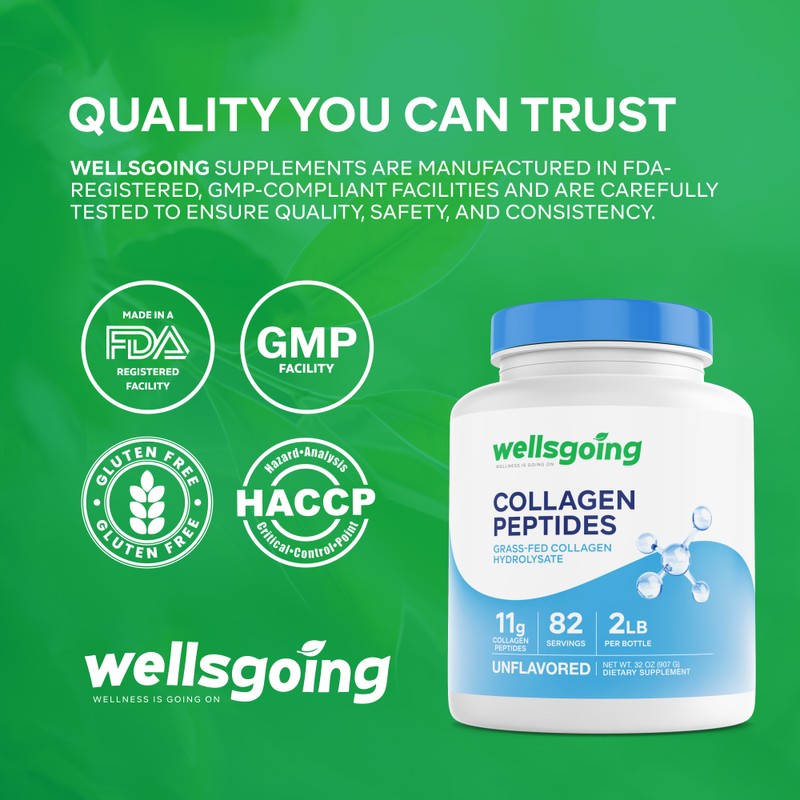 Wellsgoing Collagen Peptides Powder, Grass-Fed Collagen Hydrolysate for Hair, Skin,
