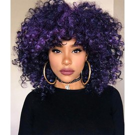 Colorful panda Deep Curly Afro Wigs for Women Medinum Length Natural Synthetic Hair Afro Kinky Curly Wig for Costume Wig or Daily Wear (Black mixed Purple)