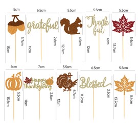 60Pcs Happy Thanksgiving Cupcake Toppers,Glitter Turkey Maple Leaf Pumpkin Squirrel Hazelnut Fall Theme Thanksgiving Cupcake Picks for Thanksgiving Theme Birthday Party Supplies