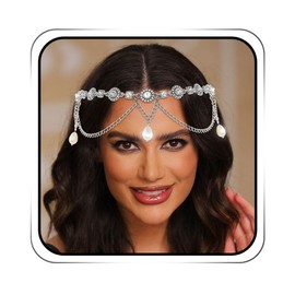 Earent Rhinestone Layered Headpiece Jewelry Silver Sparkly Crystal Head Chain Pearl Pendant Hair Accessories for Women