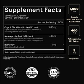 ELMNT 40,000mg 40x Strength Organic Black Maca Root with Ashwagandha - High Potency Black Maca Root Capsules for Men - 100% Pure Maca Powder -60 Pills