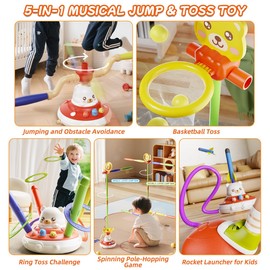 Hitish Sports Outdoors Play Set Toys - 5 in 1 Musical Jump Ring Toss Game Stomping Launch Rocket Launcher Basketball Throw for Kids - Indoor Outside Obstacle Avoidance Gifts for Toddlers Ages 4-8 8-13