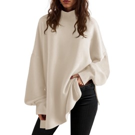 Saodimallsu Womens Turtleneck Oversized Sweaters Puff Sleeve Side Slit Casual Knit Tunic Pullover Tops Beige