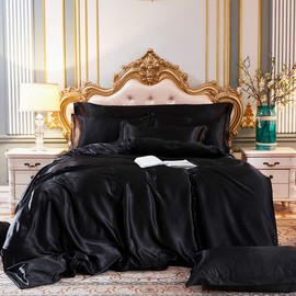 Soft Silky Satin Solid Color 3-Piece Bedding Set - 1 Duvet Cover and 2 Pillow Shams - Satiny and Classy Silk Like Duvet Cover Sets with Hidden Zipper Closure (Black, Twin)