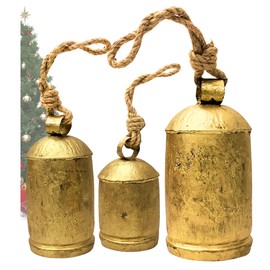 Decorative Christmas Bells Giant Set of 3 - Huge Vintage Harmony Cow Bells Country Rustic Bell on Jute Rope Hanging Golden Bells Lucky Charm (4"-6"-8")