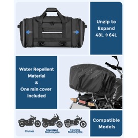 Marscamd Waterproof Motorcycle Tail Luggage Bag, 48L-64L Expandable, a Rain Cover Included, Bag with 4 Rack Mount Straps and Multiple Pockets - Black