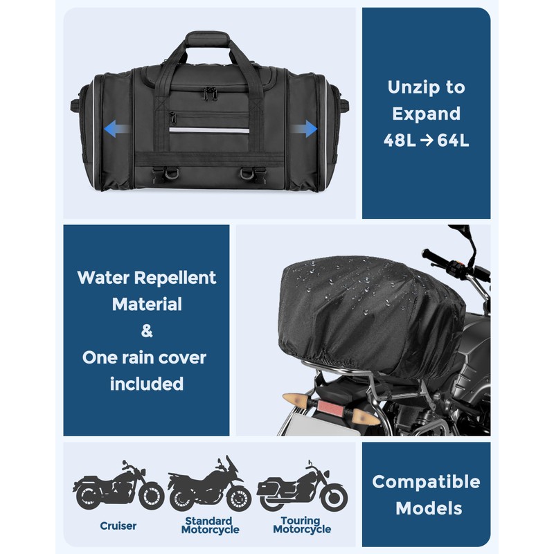 Marscamd Waterproof Motorcycle Tail Luggage Bag, 48L-64L Expandable, a Rain