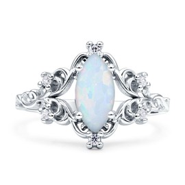 OMRANII Created White Opal Size-9 Art Deco Marquise Shaped Floral Designer Vintage Style CZ Wedding Engagement Ring Solid 925 Sterling Silver