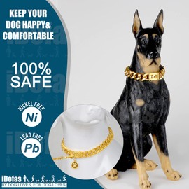 iDofas Gold Dog Chain Collar 19mm Cuban Link Dog Collar with Snap Buckle 18K Gold Plated Stainless Steel Metal Dog Chain Collars for Puppy Small Medium Large Dogs Includes Dog tag & Bell(22")