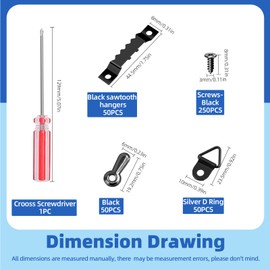 Glarks 401pcs Black Picture Hanging Kit, Include 50pcs Sawtooth Picture Frame Hangers, 50pcs Frame Turn Buttons, 50pcs D Ring Picture Hangers, 250pcs Screws and 1pcs Screwdriver for Hanging Photo