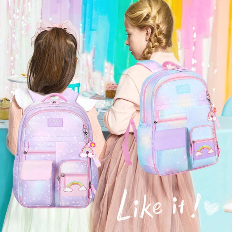pisyae Girls Backpack,Rainbow Backpack for Girls-Kawaii Pink School Bookbag, Lightweight