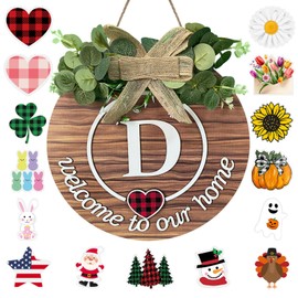 Interchangeable Seasonal Monogram Letter D Welcome Sign Front Door Decor Wooden Wreaths for Front Door Wreath Rustic Initial House Warming Porch Wall Home Decorations for All Seasons