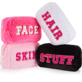 Paterr 4 Pieces Chenille Letter Preppy Patches Makeup Bag Plush Fuzzy Makeup Bag Cosmetic Bag Hair Skin Face Stuff Bag Pouch with Zipper for Women Travel Toiletry Storage Organization (Pastel Color)