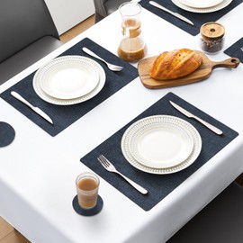 MOSAYT Faux Leather Placemats Set of 6, Heat Resistant Wipeable Washable Vinyl Place Mats with Coasters, Waterproof Oil Proof Table Mats for Kitchen Dining Party Outdoor, 12" x 18", Navy Blue