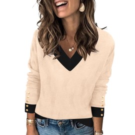 AKEWEI Womens Business Casual Tops V Neck Long Sleeve Sweaters Lightweight Work Pullover(Apricot Black Edge,XL)