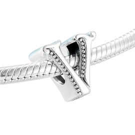 Luckybeads Letter Initial A - Z Charm Alphabet Bead 925 Sterling Silver Letter Charms fit for DIY Charm Bracelet & Necklace (V)
