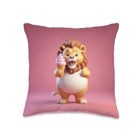 Chubby Fat Lion Ice Cream Lover Funny Animal Design Print Throw Pillow