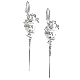MYTH OF THE MOON Ear Hook Needle Piercing Earrin, 2Pcs Creative Star Moon Ear Hook Earrings S925 Sterling Silver Cubic Zirconia Hypoallergenic Punk Edgy Pin Hook Ear Cuff (Silver-1 pair)