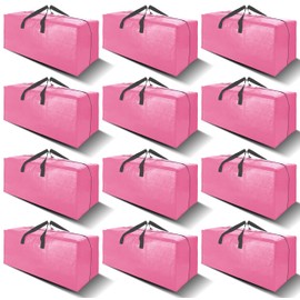 VELVETSURE 12 Pack Heavy Duty Large Moving Bags W/Backpack Straps - Strong Handles & Zippers, Storage Totes For Space Saving, Fold Flat, Alternative to Moving Box and Storage Bin, Pink