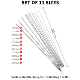 Hicello Double Pointed Weaving Needles Knitting Needles Set, 44Pcs Stainless Steel Knitting Tools 11 Sizes 14.2" 36CM
