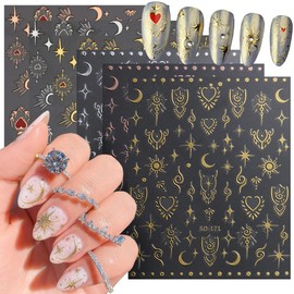 6 Sheets Metallic Nail Art Stickers Star Moon Nail Decals 3D Self-Adhesive Nail Art Supplies Sun Stars Heart Retro Rose Gold Sliver Starlight Glitter Nail Design Sticker for Women DIY Nail Decorations