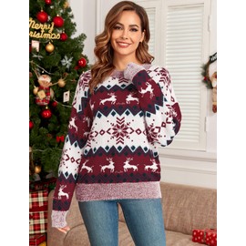 ZAFUL Christmas Sweaters for Women Snowflake Reindeer Long Sleeve Crewneck Oversized Sweater Fuzzy Knitted Pullover Tops Wine Red