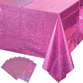 8 Pack Iridescence Plastic Tablecloths Shiny Disposable Laser Rectangle Table Covers Holographic Foil Tablecloth Iridescent Party Decoration Birthday Bridal Wedding Christmas 54" x 108" (Pink)