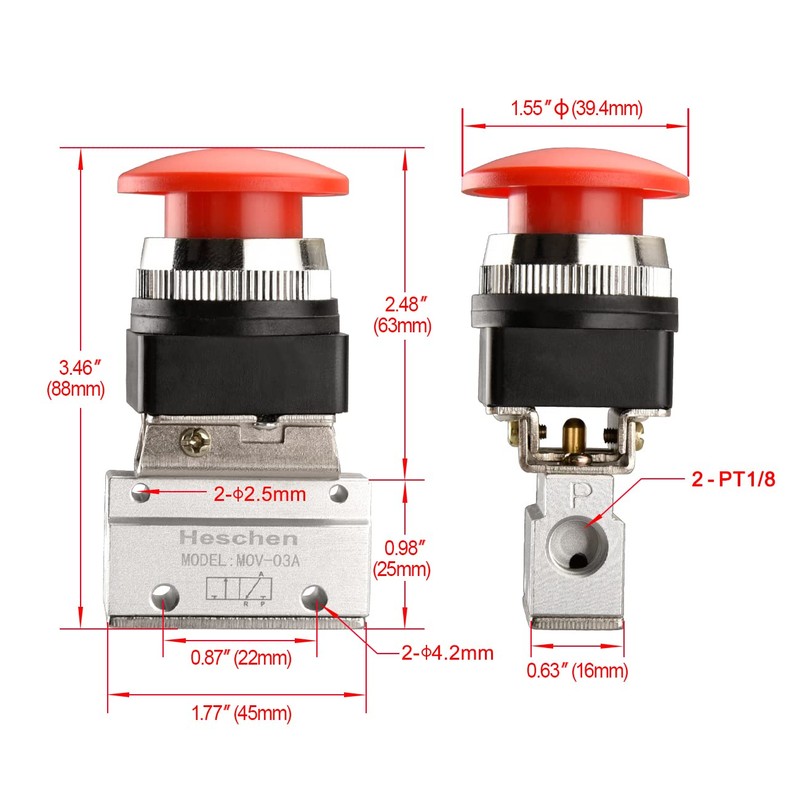 Heschen Pneumatic Mechanical Valve MOV-03A PT1/8" 3 Way 2 Position