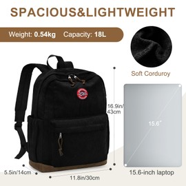 RAVUO Corduroy School Backpack, Large Unisex School Bags Casual Bookbags Black College Backpack for Men Women