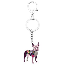 BONSNY Enamel Metal Heart Rhinestone Boston Terrier Dog Key Chains For Women Kids Car Purse bag Rings Charms Pets Gift