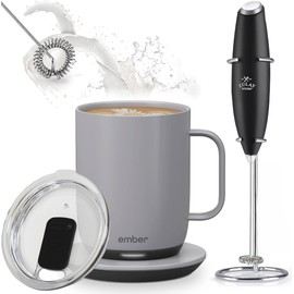 Ember Temperature Control Smart Mug 2, 14 oz with Clear Lid, Zulay Milk Frother and Signature Cloth