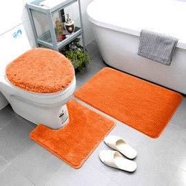 Luxury Home Collection 3 Piece Soft Microfiber Bathroom Rug Set Non-Slip Bath Rug with Rubber Backing, Contour Mat, and Toilet Lid Cover (Orange)