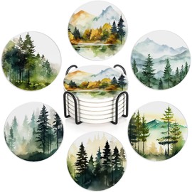 Table Coaster for Drinks Set of 6, Watercolor Misty Forest Round Ceramic Coasters,with Cork Base and Metal Holder,Great Housewarming Birthday Gifts,Home Decor
