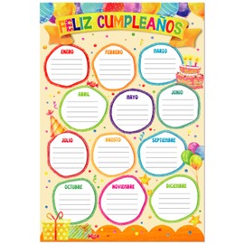 PETCEE Spanish Happy Birthday Chart - 12"x 18" Español Birthday Poster Chart for Classroom Decoration Spanish Calendar Poster for Bulletin Board Decor Back to School Teaching Supplies