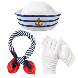 YFHUVB Captain Sailor Set - 3 Pcs Navy Sailor Costume With Hat, Glove, and Scarf, Sailor Outfit for Men, Women, Children Cosplay Maritime Themed Dress Up Accessories