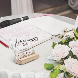 ANIANG Flower Bar Desk Decor, Flower Bar Sign, Wedding Acrylic Sign, Bridal Shower Sign, Wedding Accessories for Reception, Wedding Flowers Acrylic Plaque Sign with Wood Stand for Wedding Decor