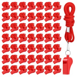 Zyghjort 50 Pack Plastic Whistles for Coaches, 120db Loud Crisp Sound Sports Whistles Bulk with Lanyard, for Lifeguard Survival Emergency Safety Training Football Soccer Gym Outdoor Activities - Red