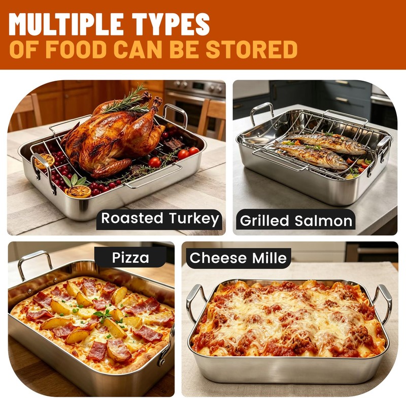Roasting Pan with U-shape Rack,304 Stainless Steel Bakeware Tray Large