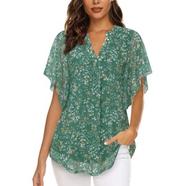 Vafoly Blouse, Women's Elegant Short-Sleeve Summer Tunic, V-Neck Mesh Top, Flowers, Double Layer Tunic, Fog Green