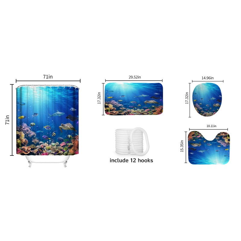 4-Piece Sunlight Sea Fish Ocean Theme Bathroom Set with Rugs